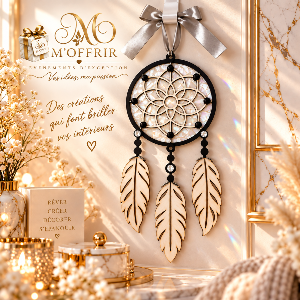 Attrape-rêves & attrape-lumière en bois – Décoration murale irisée artisanale