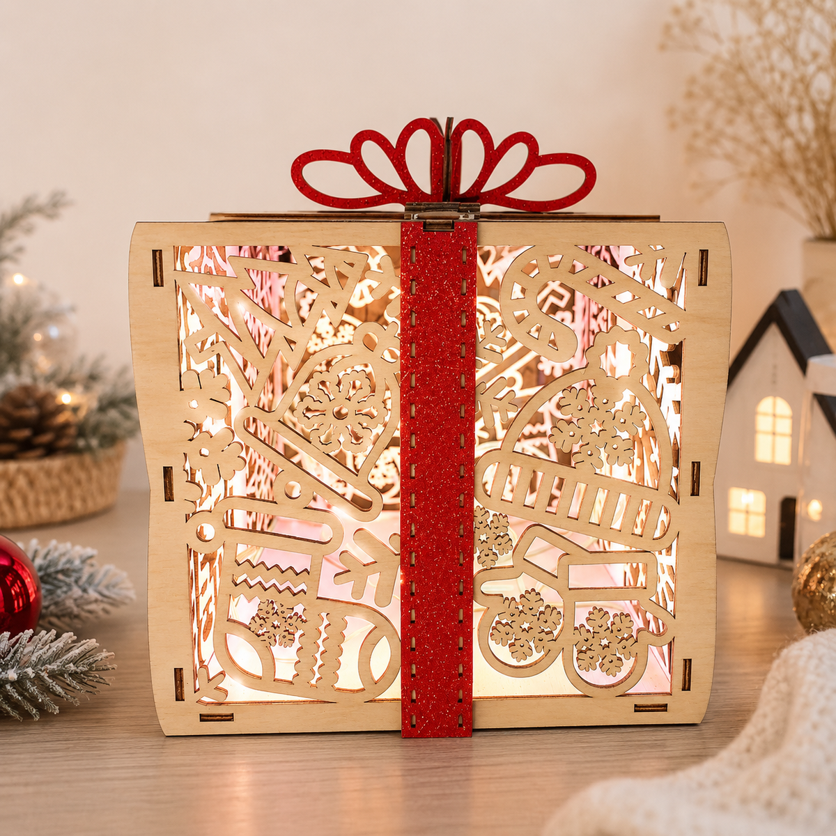 Cadeau lumineux de Noël en bois – Décoration artisanale
