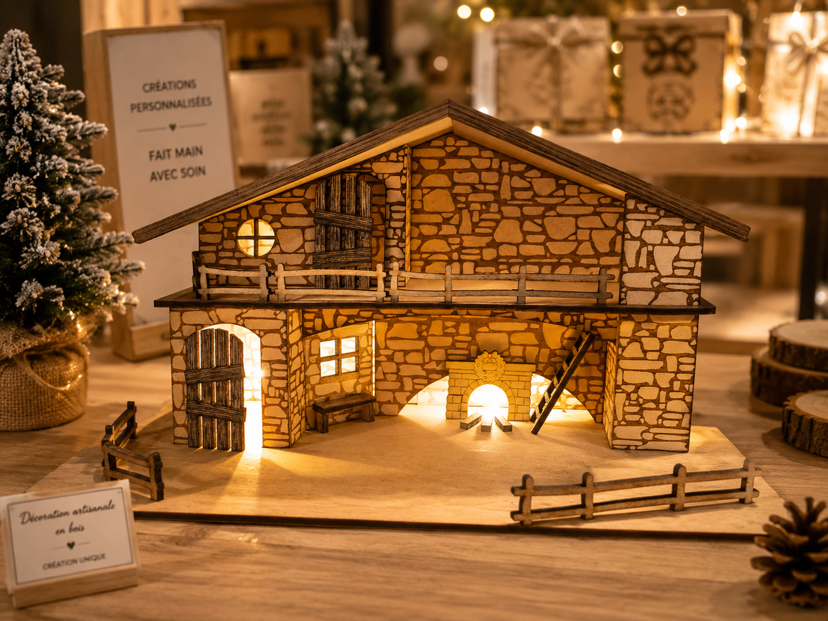 Chalet lumineux en bois – Décoration artisanale miniature