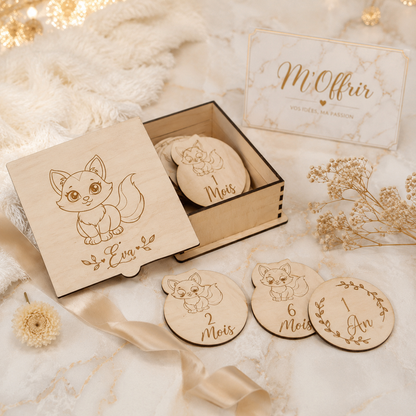 Coffret cartes étapes bébé personnalisées en bois – 12 mois