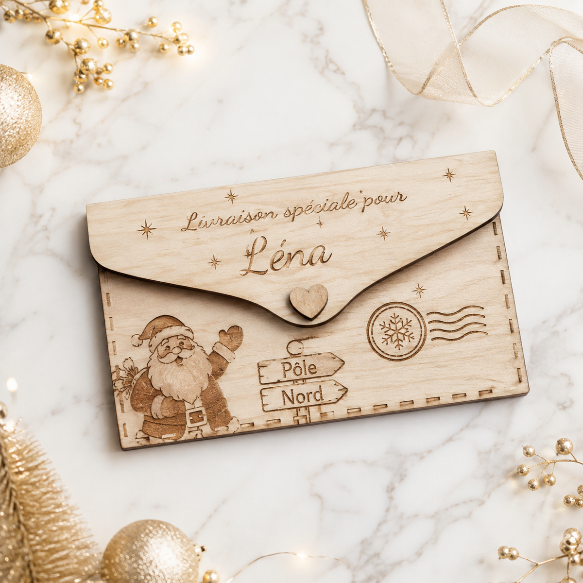 Enveloppe de Noël en bois personnalisée – Prénom gravé